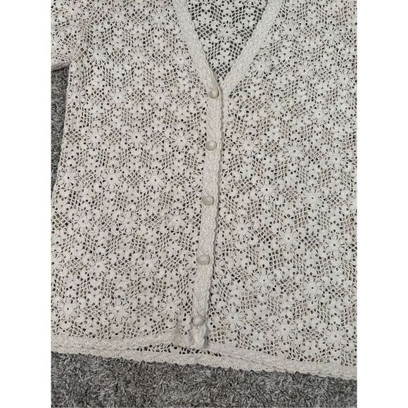 Vintage Hand Crocheted Knit Blouse Sweater Cardigan Button Front V-Neck Cotton S - Picture 3 of 8